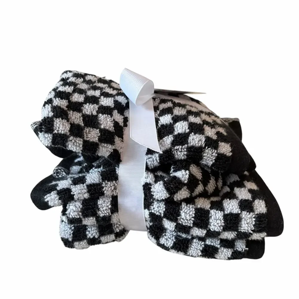 6pc Chic Black & White Checkered Towel Set- 2 Bath Towels 4 Washcloths Cotton